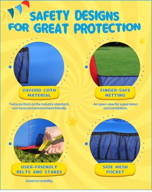 Classic Bouncy Castle safety details — thick Oxford cloth, finger-safe mesh netting and secure stakes
