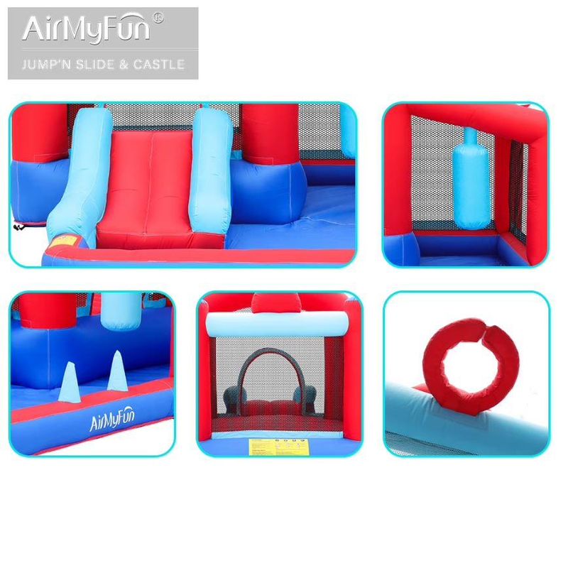 Large Bouncy Castle detail views — slide, mesh netting and entrance ring