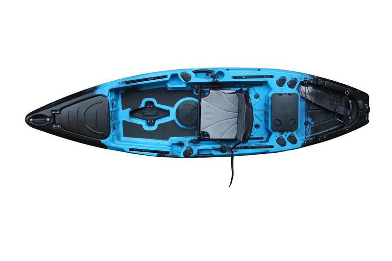 Vicking Nova fishing kayak, side profile showing pedal-drive fins, teal colour option
