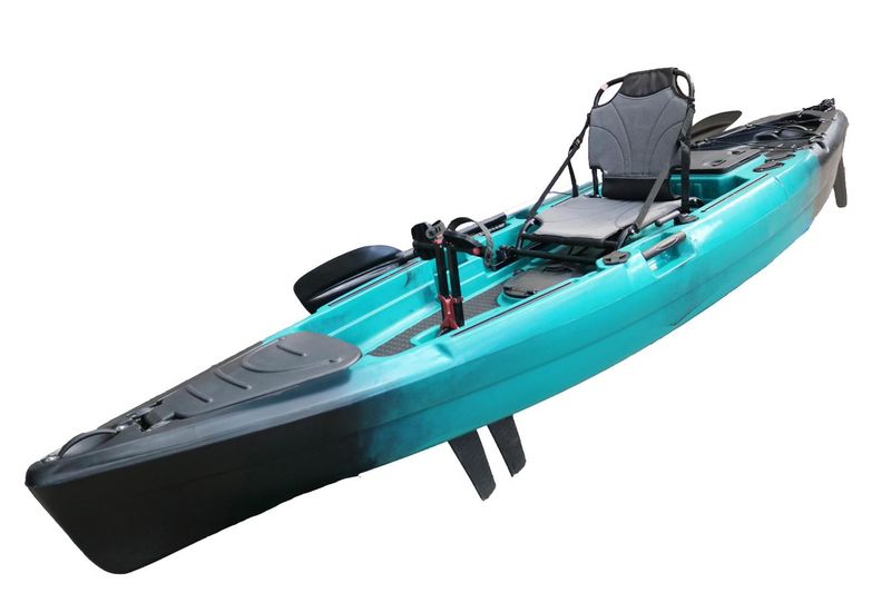 Vicking Nova fishing kayak, front-angled view showing seat, fin drive and rear storage hatch
