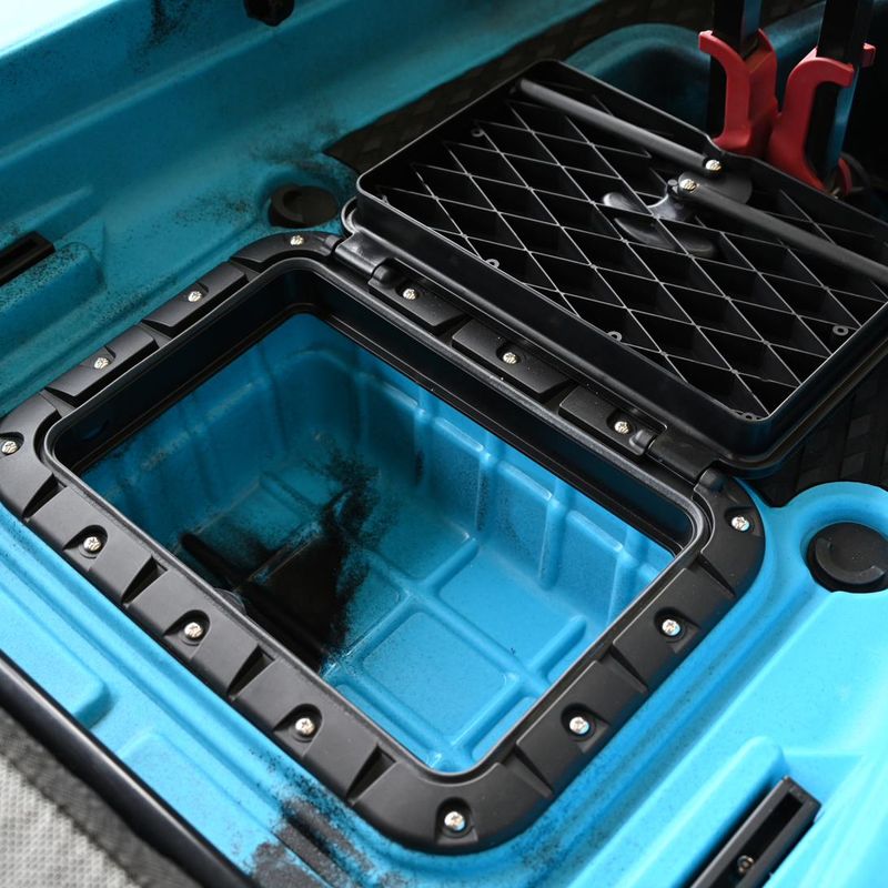 Vicking Tango kayak, open storage hatch with mesh tray